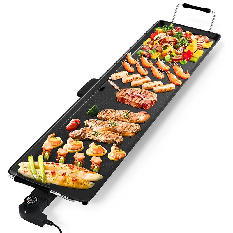 Електрическа скара-плоча 90 x 23 см, незалепваща каменна повърхност, 2000 W, с регулируем термостат и тава за събиране на мазнина.